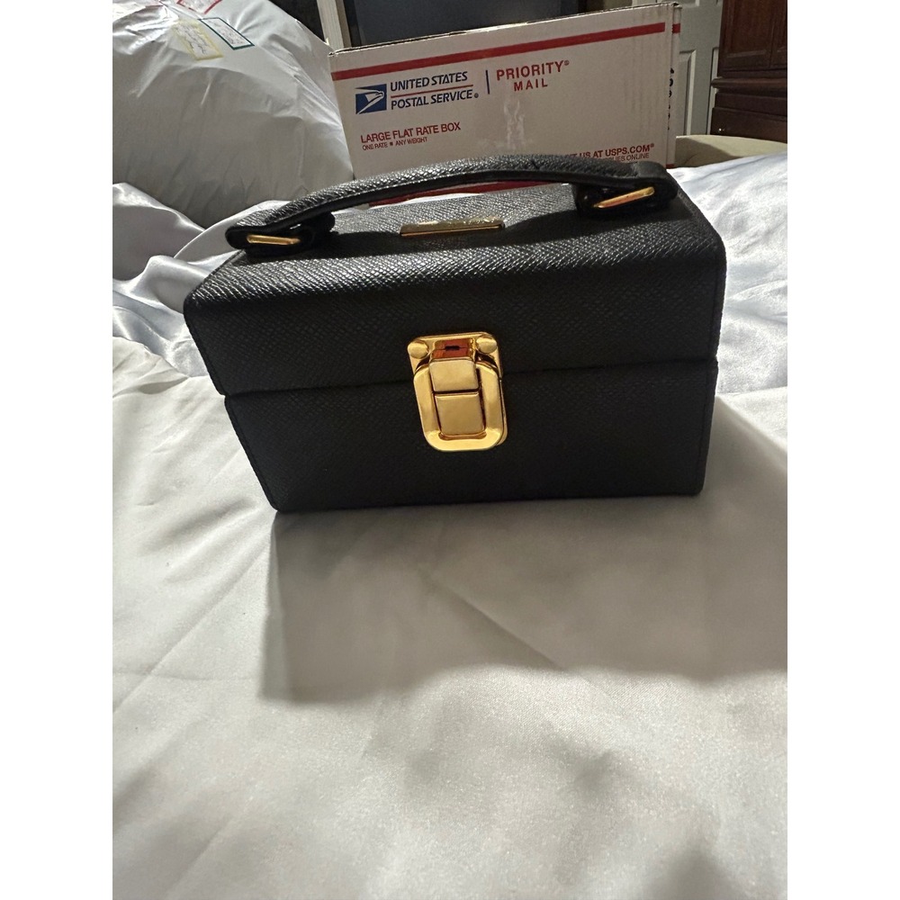 St John Vtg Black Pebbled Hard Shell Jewelry Trunk Gold Hardware & Mirror